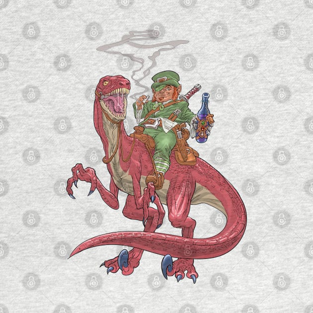 Leprechaun on a Velociraptor by AyotaIllustration